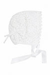 Carriage Boutique white lace christening bonnet with delicate floral patterns and satin ribbon tie for baby baptism