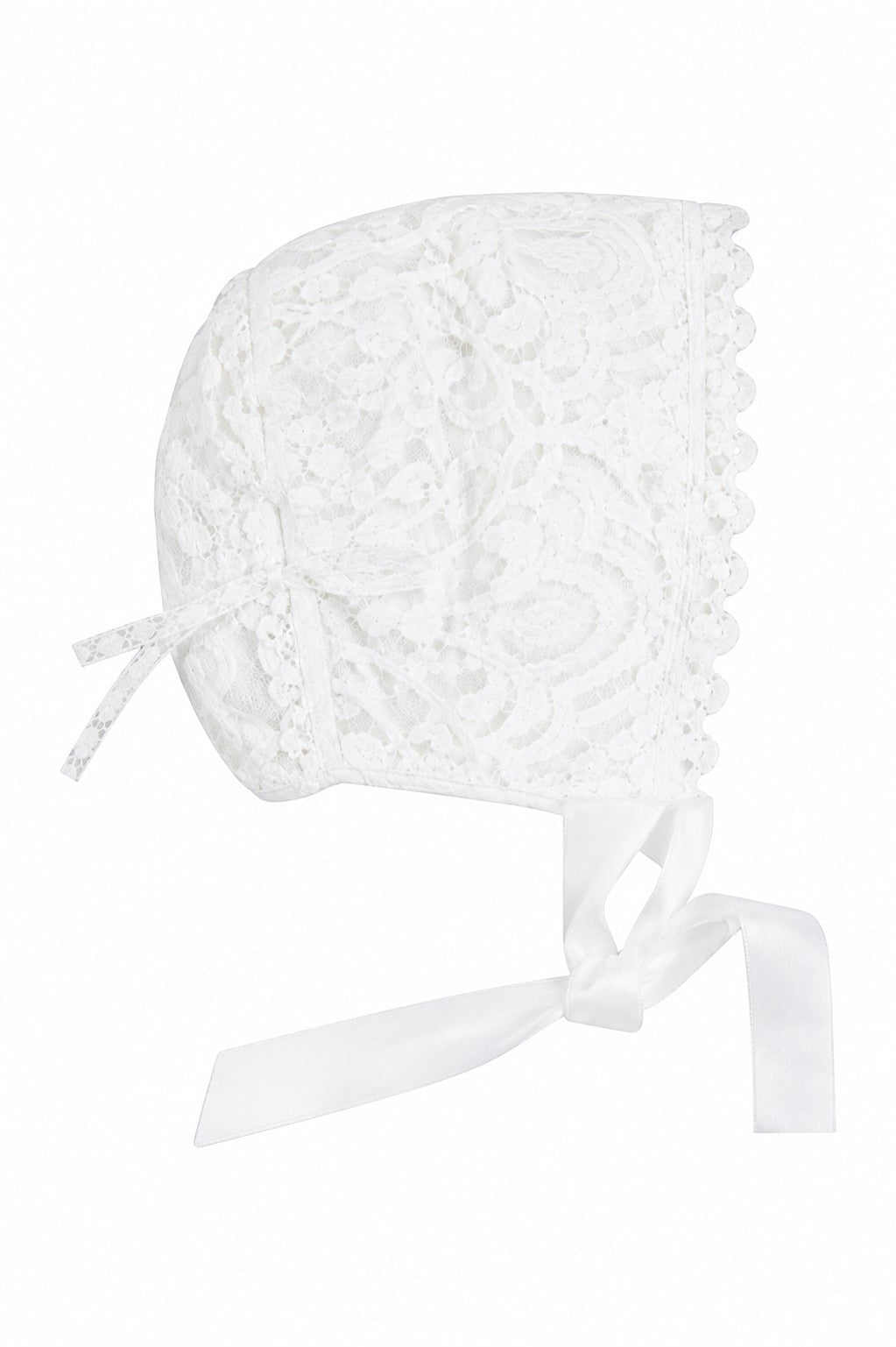Carriage Boutique white lace christening bonnet with delicate floral patterns and satin ribbon tie for baby baptism