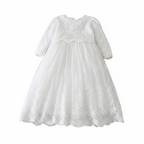 Carriage Boutique white long sleeve christening gown featuring intricate lace embroidery and a scalloped hem.