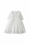 Carriage Boutique white long sleeve christening gown featuring intricate lace embroidery and a scalloped hem.