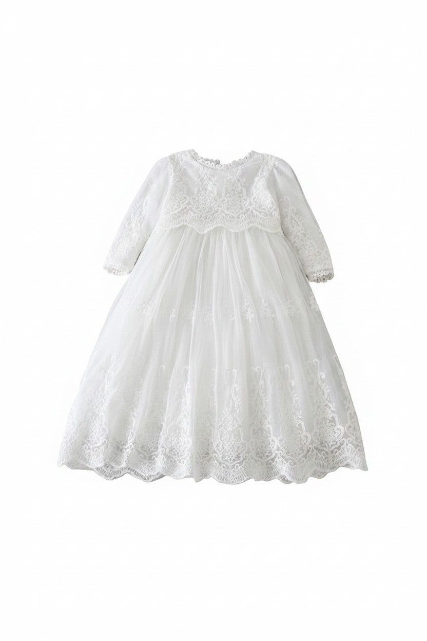 Carriage Boutique white long sleeve christening gown featuring intricate lace embroidery and a scalloped hem.