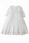 Carriage Boutique white long sleeve christening gown featuring intricate lace embroidery and a scalloped hem.