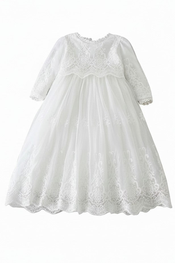 Carriage Boutique white long sleeve christening gown featuring intricate lace embroidery and a scalloped hem.