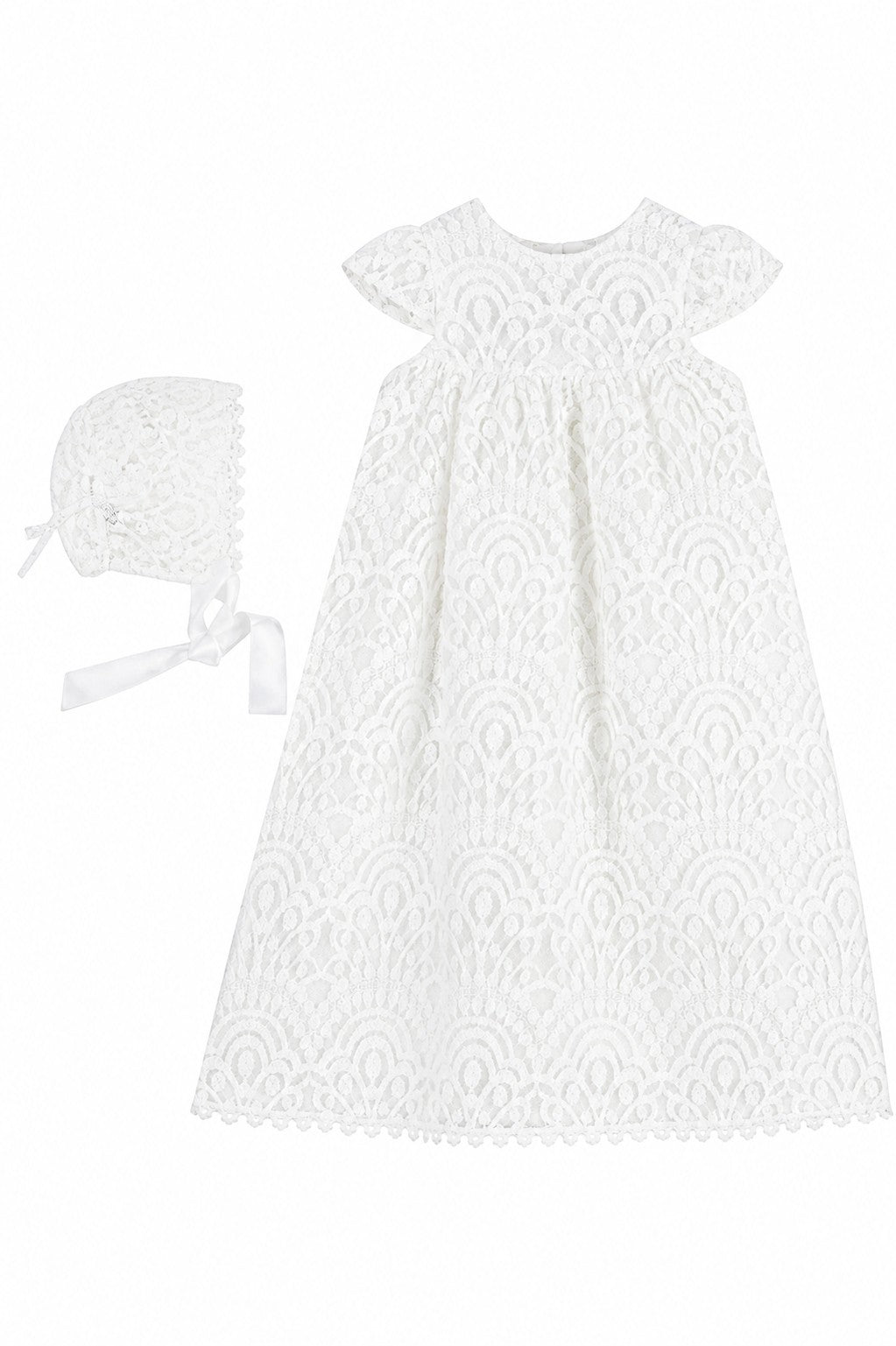 Carriage Boutique white lace christening gown with matching bonnet for baby girls, featuring intricate floral patterns.