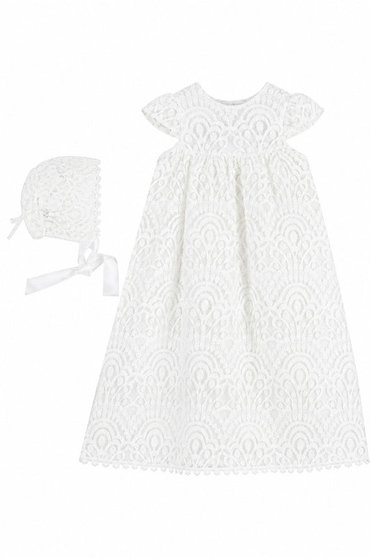 Carriage Boutique white lace christening gown with matching bonnet for baby girls, featuring intricate floral patterns.