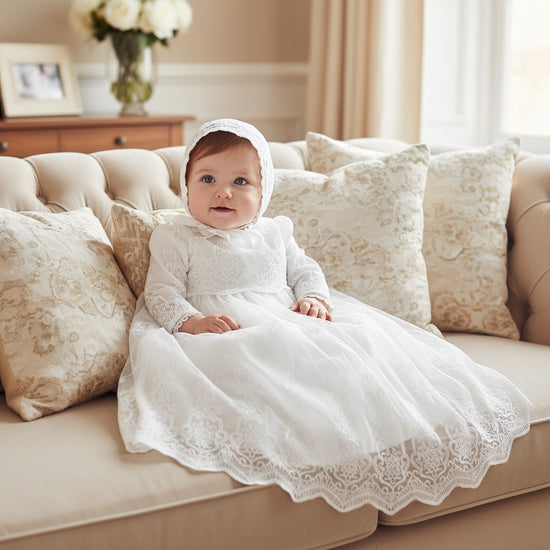 Baby girl wearing a Carriage Boutique white lace christening gown and matching bonnet, sitting on a beige sofa.