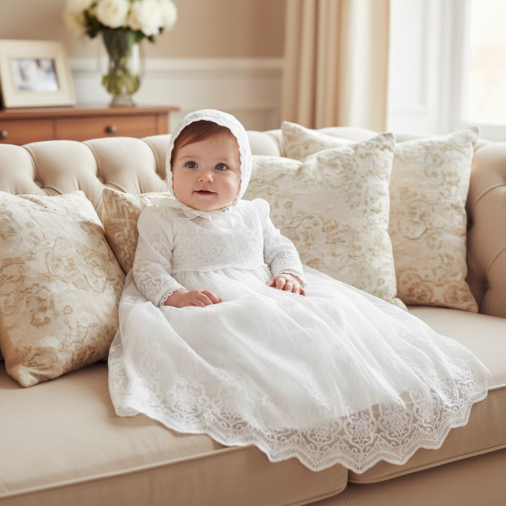 Baby girl wearing a Carriage Boutique white lace christening gown and matching bonnet, sitting on a beige sofa.