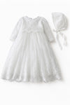 Carriage Boutique white long sleeve christening gown with intricate lace embroidery and matching scalloped bonnet