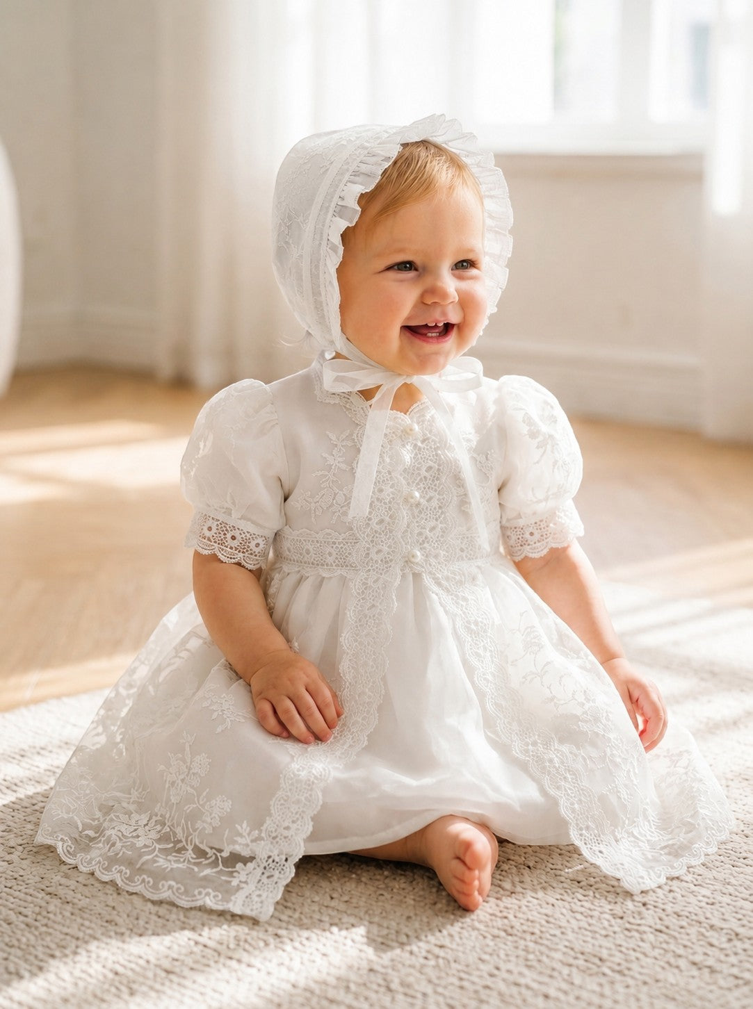 Carriage Boutique baby girl in a white lace christening gown and matching bonnet sitting on a carpeted floor.