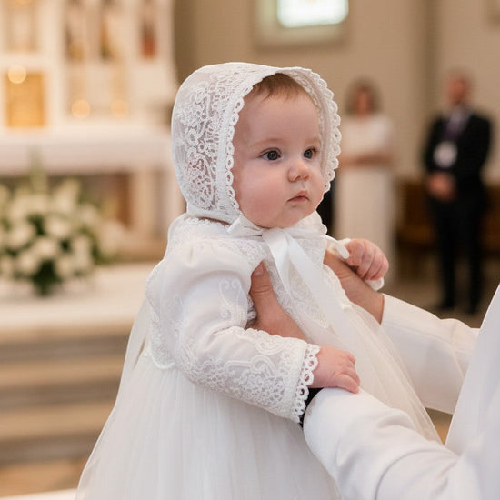 Carriage Boutique baby girl wearing a white long sleeve lace christening gown and matching bonnet in a church