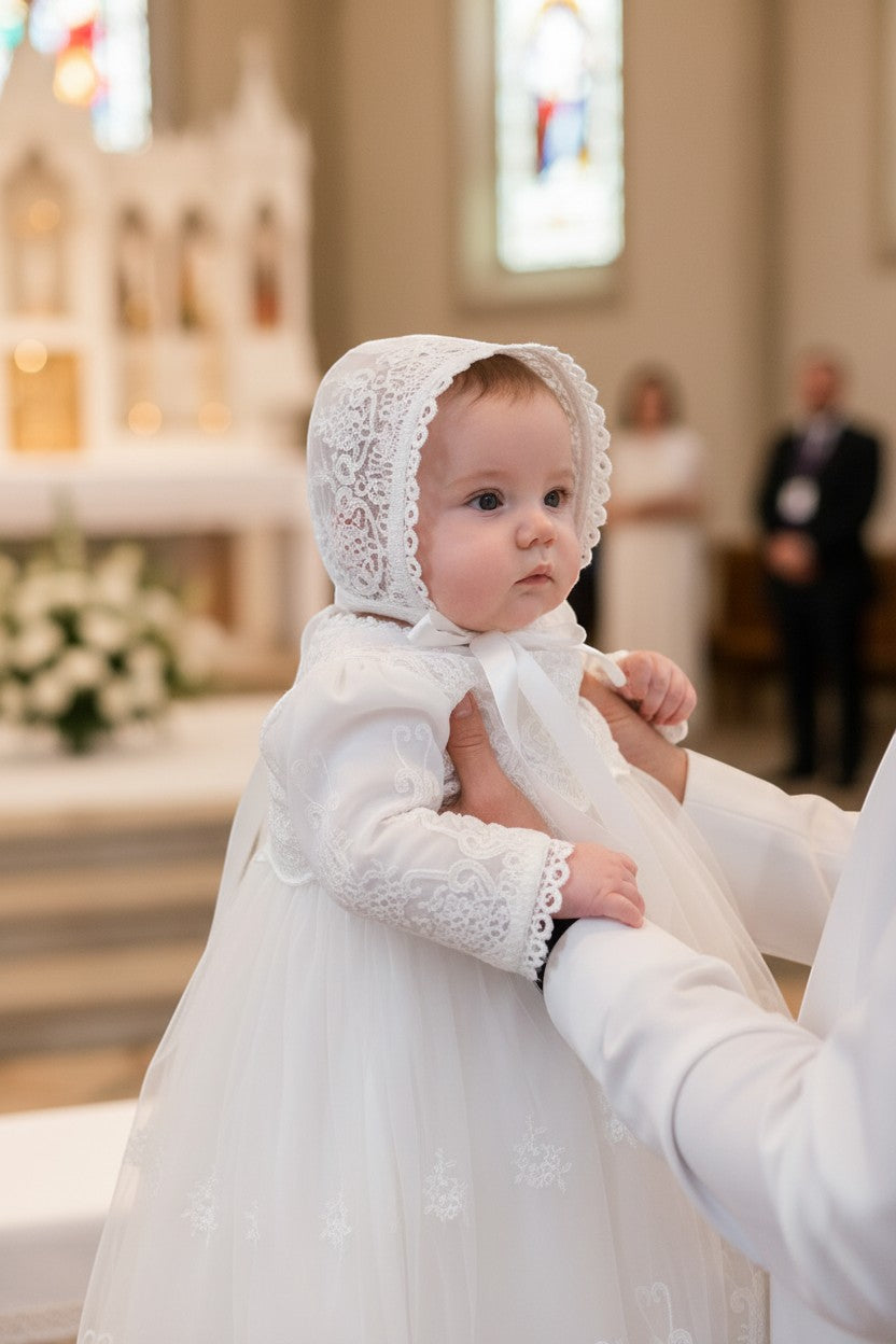 Carriage Boutique baby girl wearing a white long sleeve lace christening gown and matching bonnet in a church