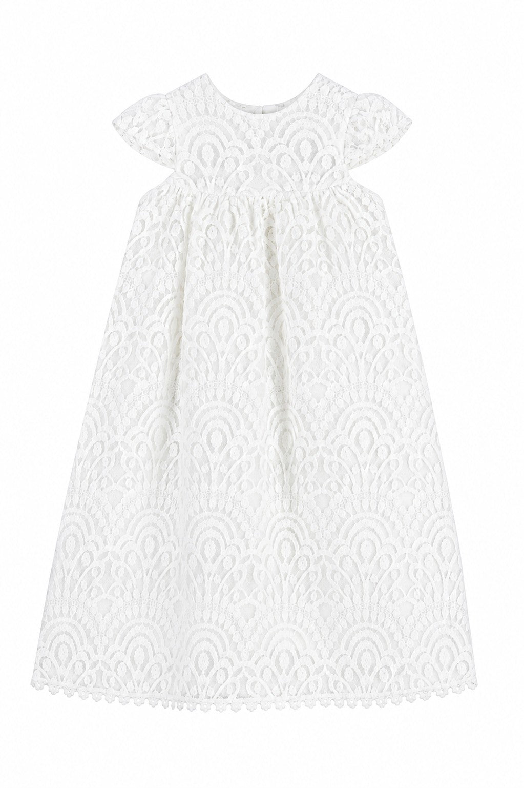 Carriage Boutique white lace christening gown with short flutter sleeves for baby baptism ceremony