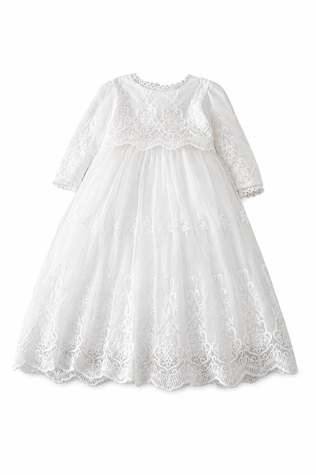 Carriage Boutique white long sleeve christening gown with intricate lace embroidery and a scalloped hem