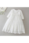 Carriage Boutique white long sleeve lace christening gown with intricate embroidery and scalloped hem detail