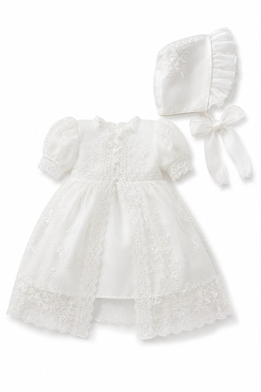 Carriage Boutique white lace christening gown with puffed sleeves and matching bonnet for baby girls