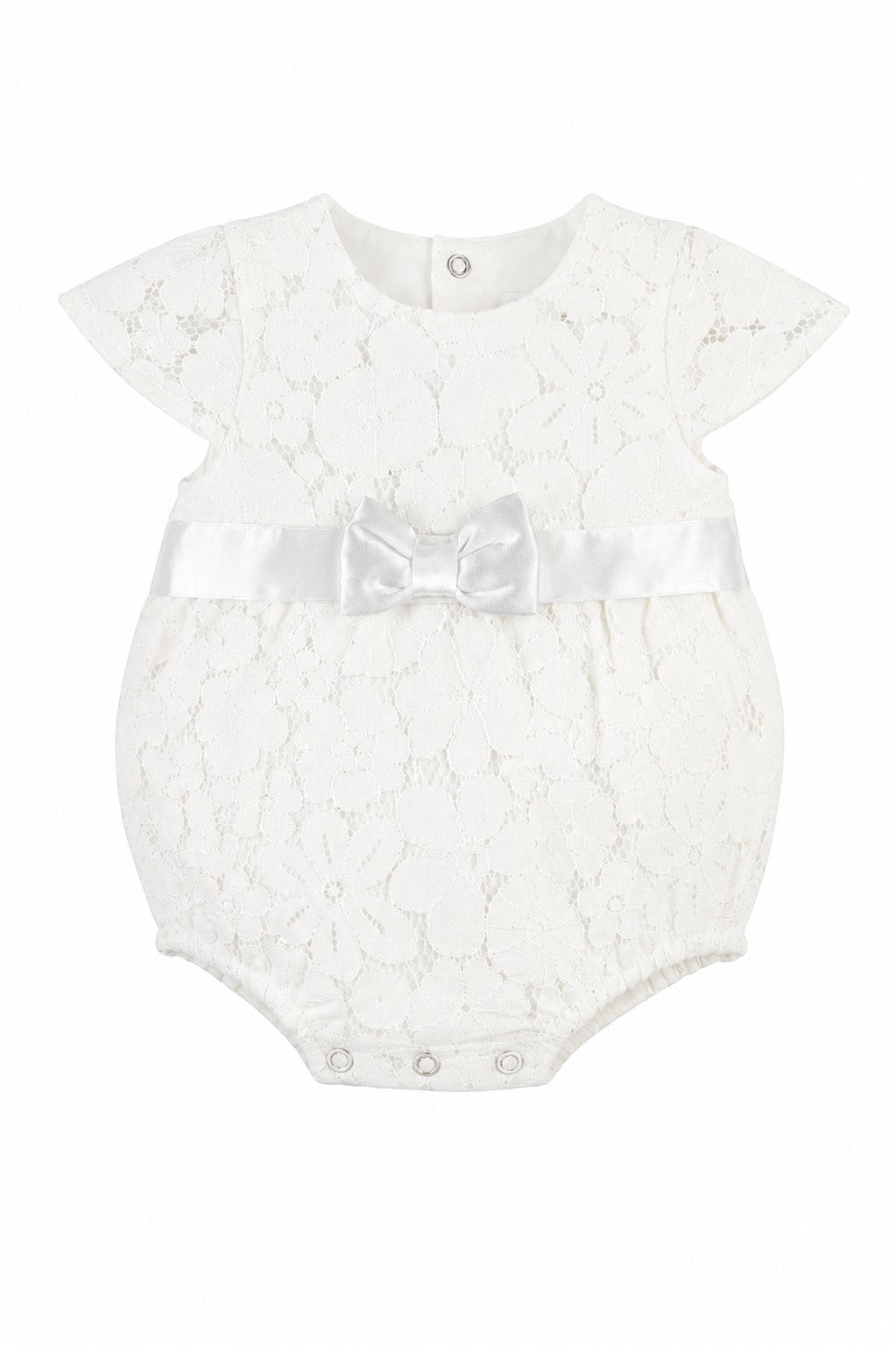 Carriage Boutique white lace baby girl christening bubble romper with a satin waist ribbon and bow detail.