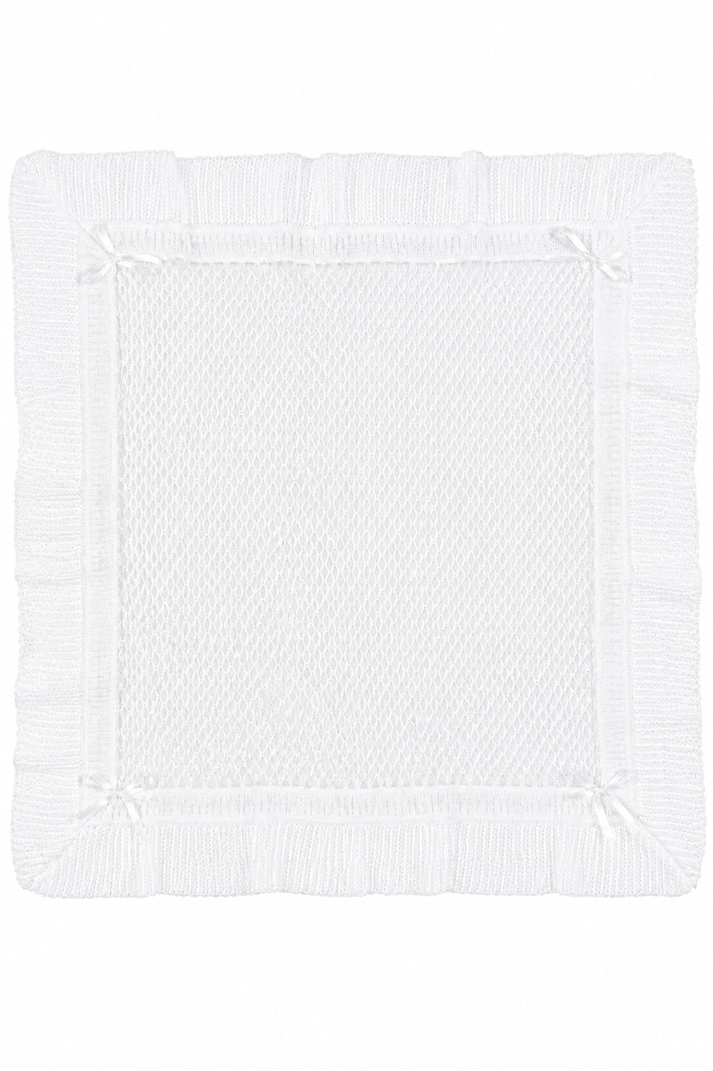 Carriage Boutique white christening blanket shawl featuring delicate Belgium lace and elegant ribbon corner accents.
