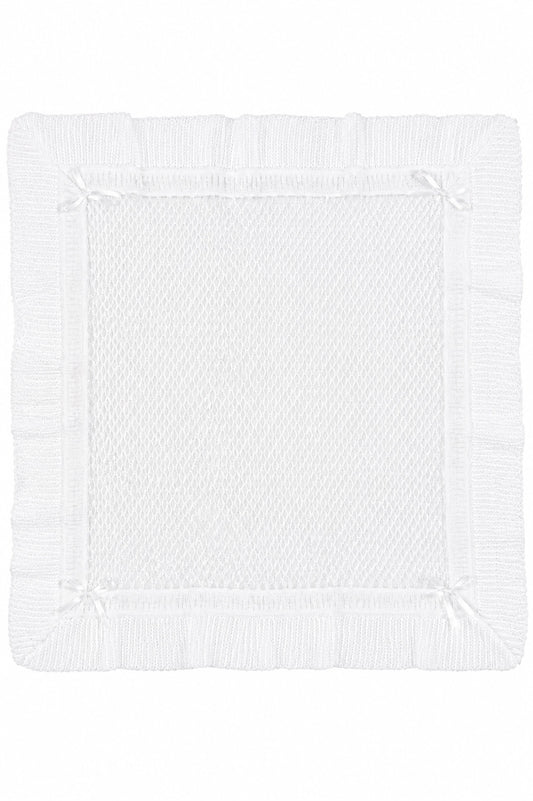 Carriage Boutique white christening blanket shawl featuring delicate Belgium lace and elegant ribbon corner accents.