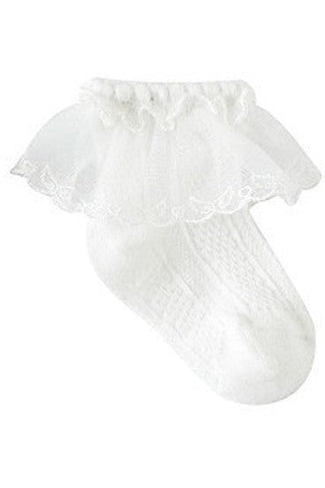 Carriage Boutique white baby girl christening socks with delicate angel wing lace ruffle trim and soft knit fabric