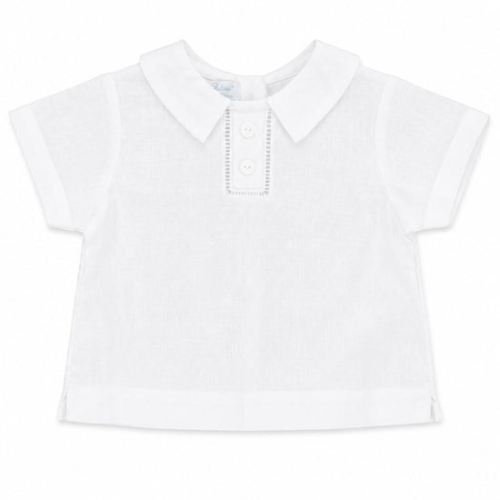 Carriage Boutique white linen cotton blend christening shirt with a peter pan collar and delicate embroidery.
