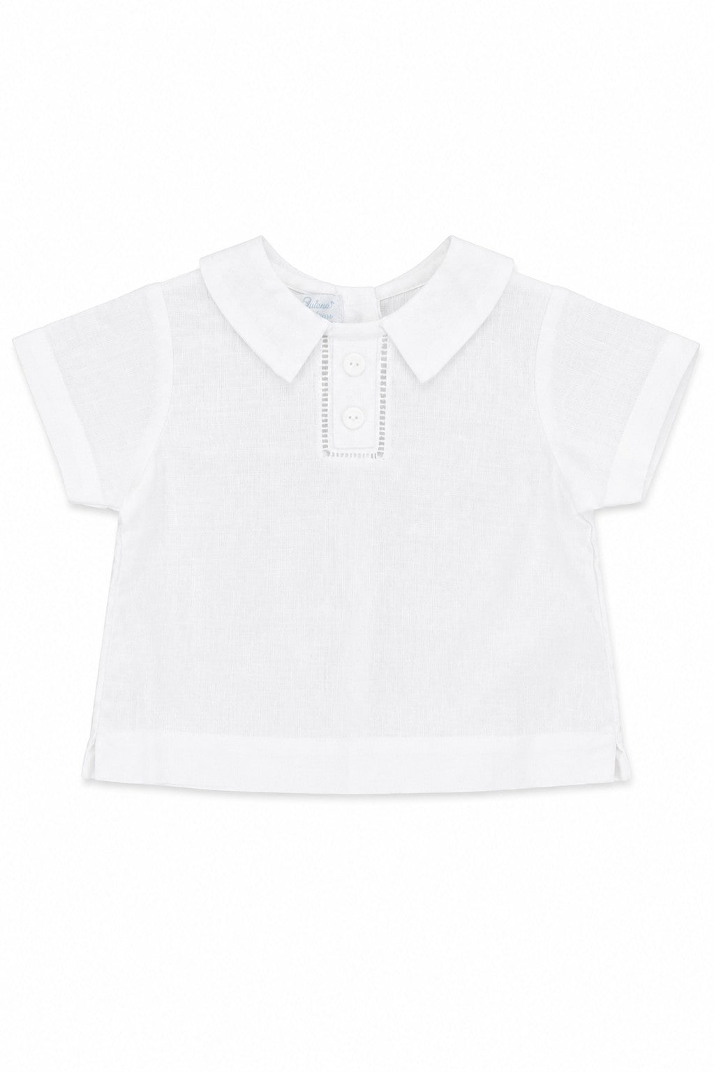 Carriage Boutique white linen cotton blend christening shirt with a peter pan collar and delicate embroidery.