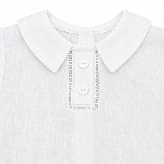 Carriage Boutique white linen cotton christening shirt with Peter Pan collar and hand embroidered button placket detail