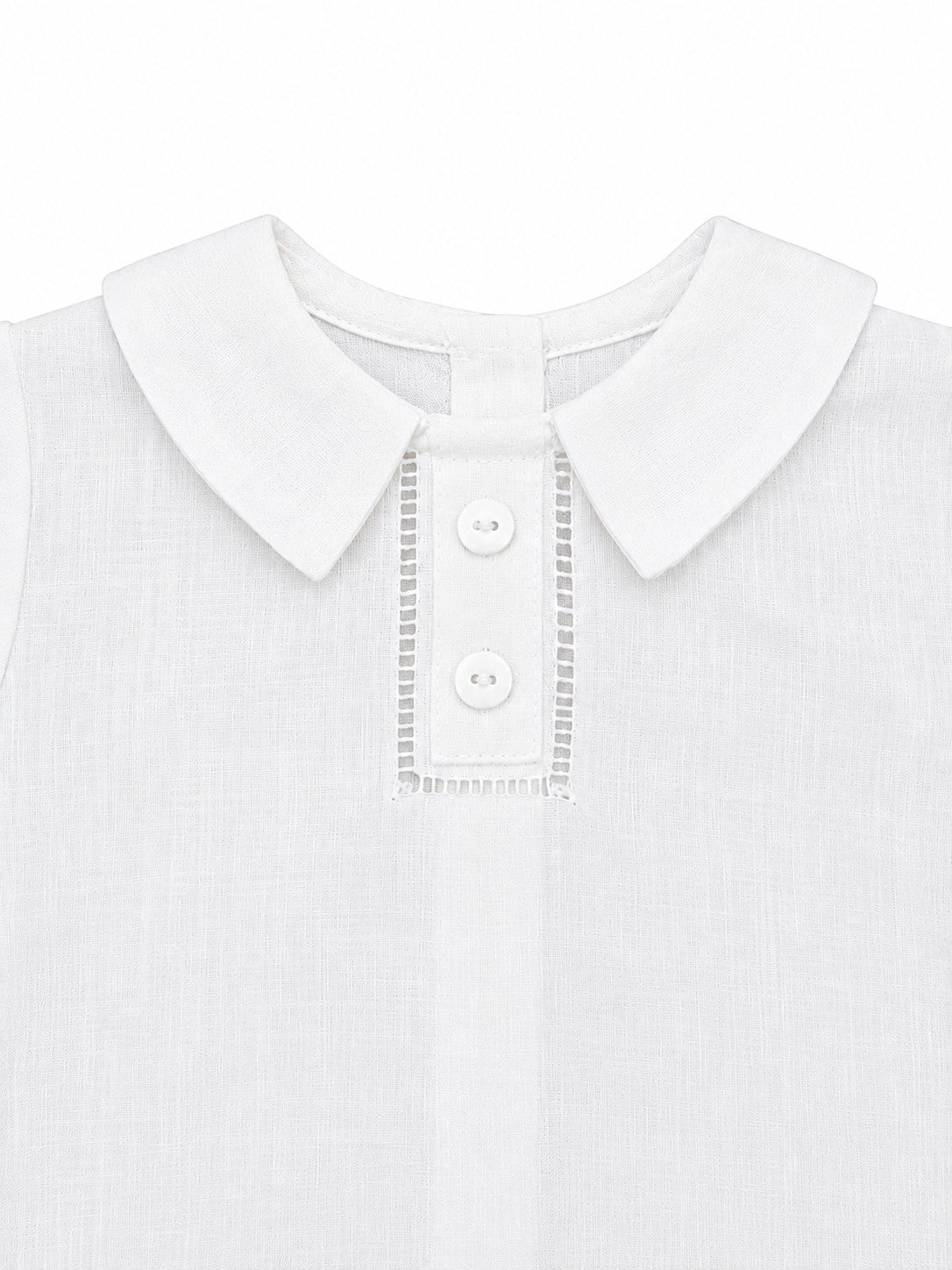 Carriage Boutique white linen cotton christening shirt with Peter Pan collar and hand embroidered button placket detail