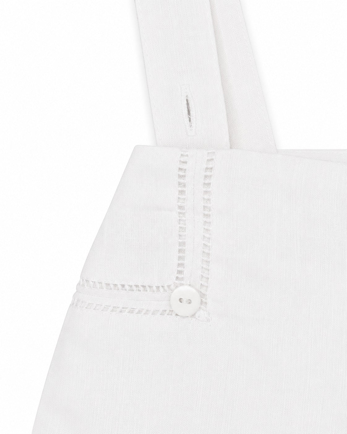 Carriage Boutique white linen cotton blend christening shorts with suspenders and hand embroidered button detail