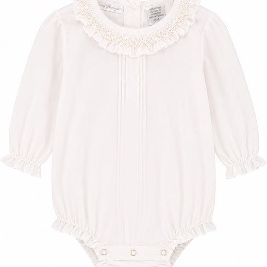 Carriage Boutique baby girl long sleeve white bubble romper with smocked collar and elastic cuffs