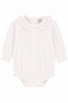 Carriage Boutique baby girl long sleeve white bubble romper with smocked collar and elastic cuffs