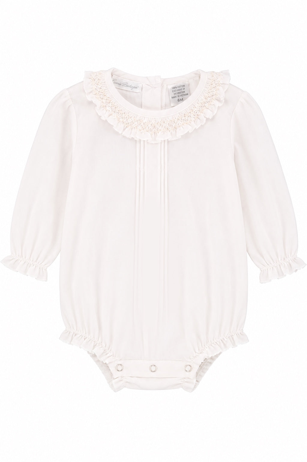 Carriage Boutique baby girl long sleeve white bubble romper with smocked collar and elastic cuffs
