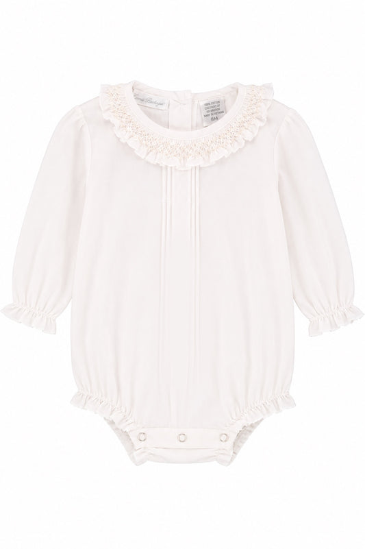 Carriage Boutique baby girl long sleeve white bubble romper with smocked collar and elastic cuffs
