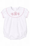 Carriage Boutique white cotton baby girl bubble with pink monogram embroidery, flutter sleeves, and picot trim.