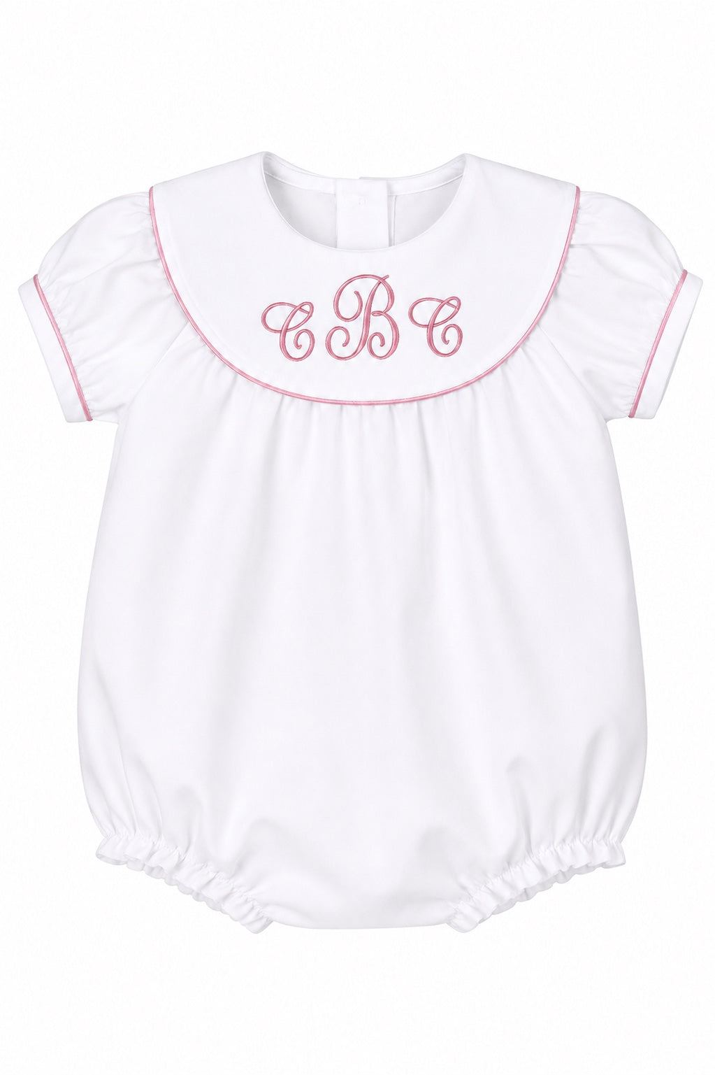 Carriage Boutique white cotton baby girl bubble with pink monogram embroidery, flutter sleeves, and picot trim.