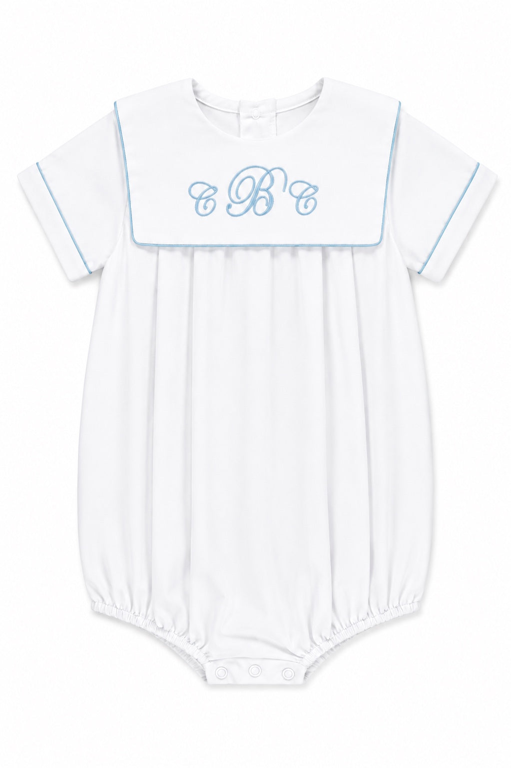 Carriage Boutique white cotton baby boy romper with blue trim and custom embroidered monogram on the sailor collar.