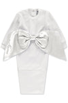 Carriage Boutique white newborn baby swaddle gown featuring a large satin bow and fold-over bottom for easy dressing.