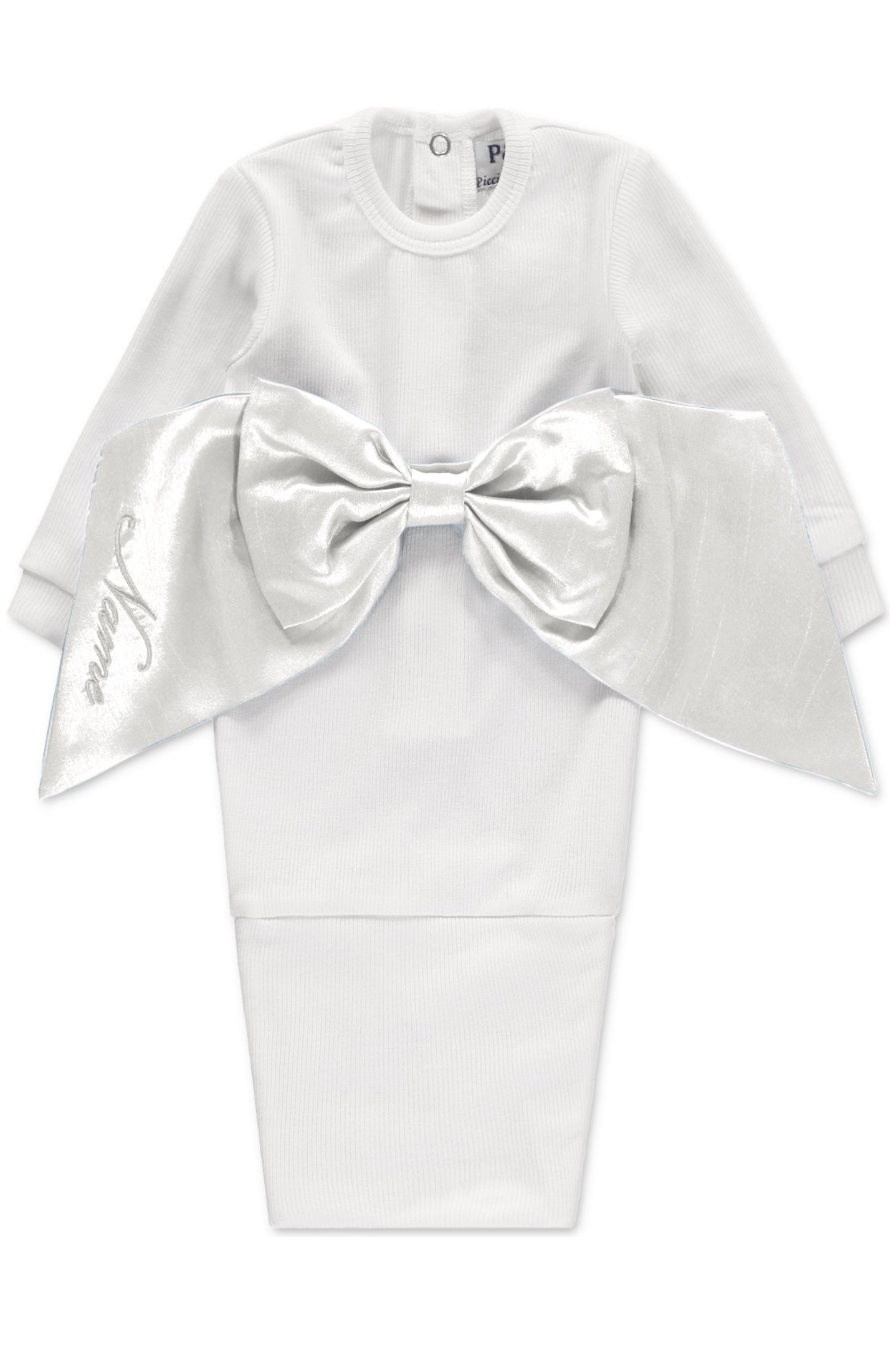 Carriage Boutique white newborn baby swaddle gown featuring a large satin bow and fold-over bottom for easy dressing.