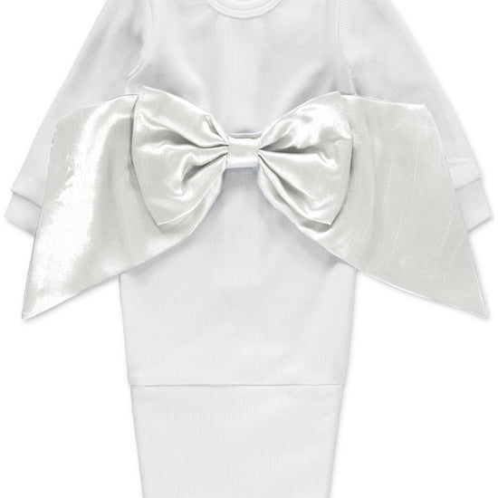 Carriage Boutique white newborn baby swaddle gown in soft cotton featuring a large decorative satin bow on the front
