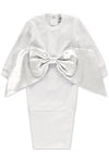 Carriage Boutique white newborn baby swaddle gown in soft cotton featuring a large decorative satin bow on the front