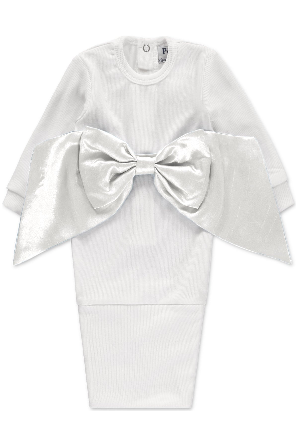 Carriage Boutique white newborn baby swaddle gown in soft cotton featuring a large decorative satin bow on the front
