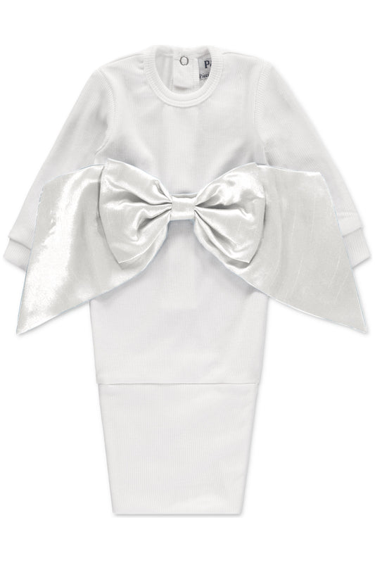 Carriage Boutique white newborn baby swaddle gown in soft cotton featuring a large decorative satin bow on the front