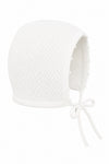 Carriage Boutique white baby girl christening bonnet with delicate pebble stitch texture and ribbon tie closure