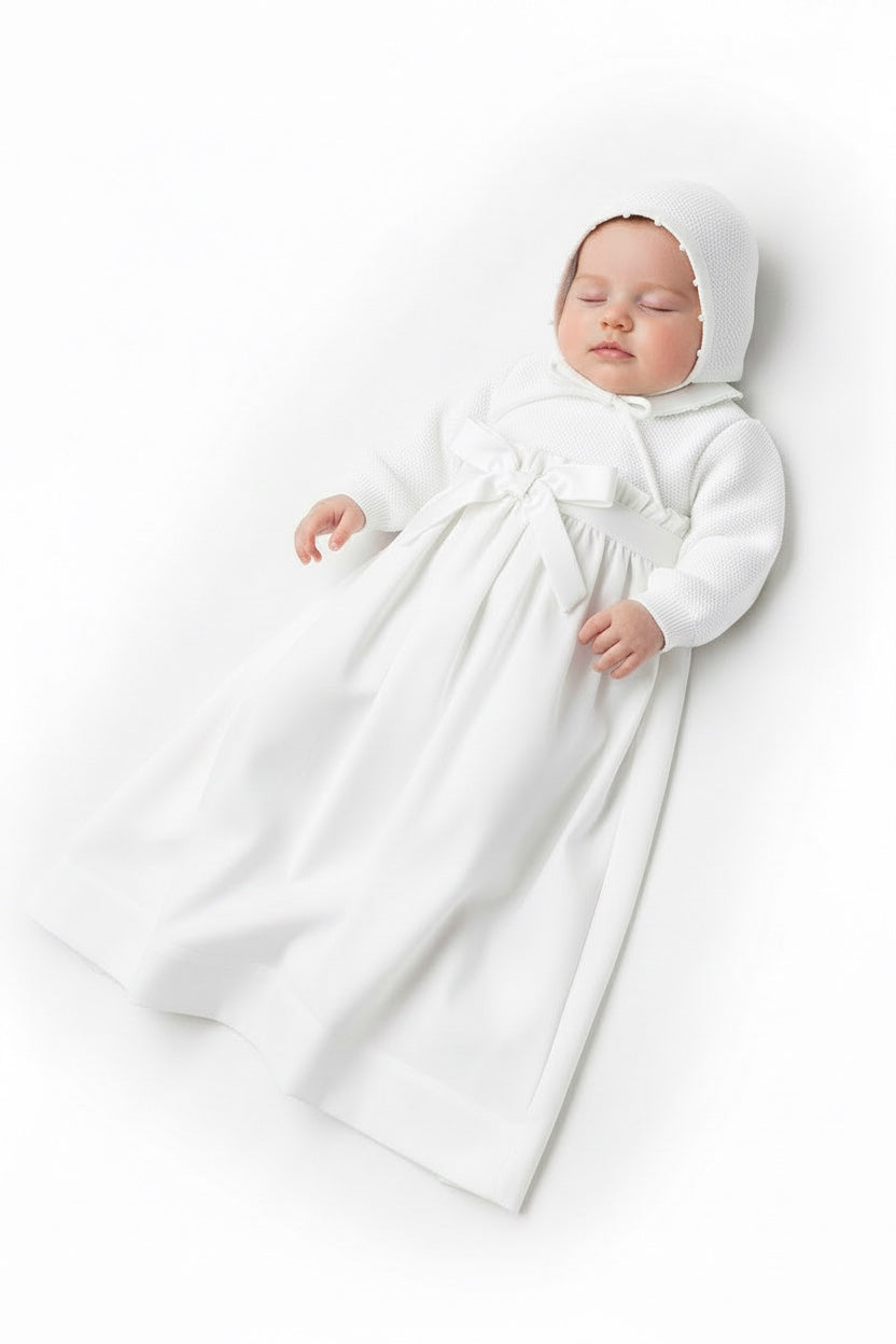 Carriage Boutique baby girl white christening gown with pebble stitch texture, long sleeves, and matching bonnet.