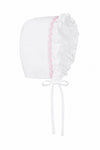 Carriage Boutique white baby bonnet with delicate pink embroidery and ruffled trim for a christening gown