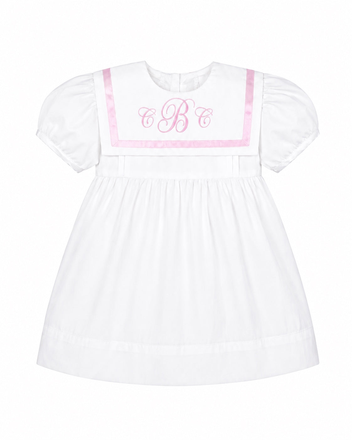 Carriage Boutique white and pink short sleeve baby dress with a sailor collar and embroidered monogram detail