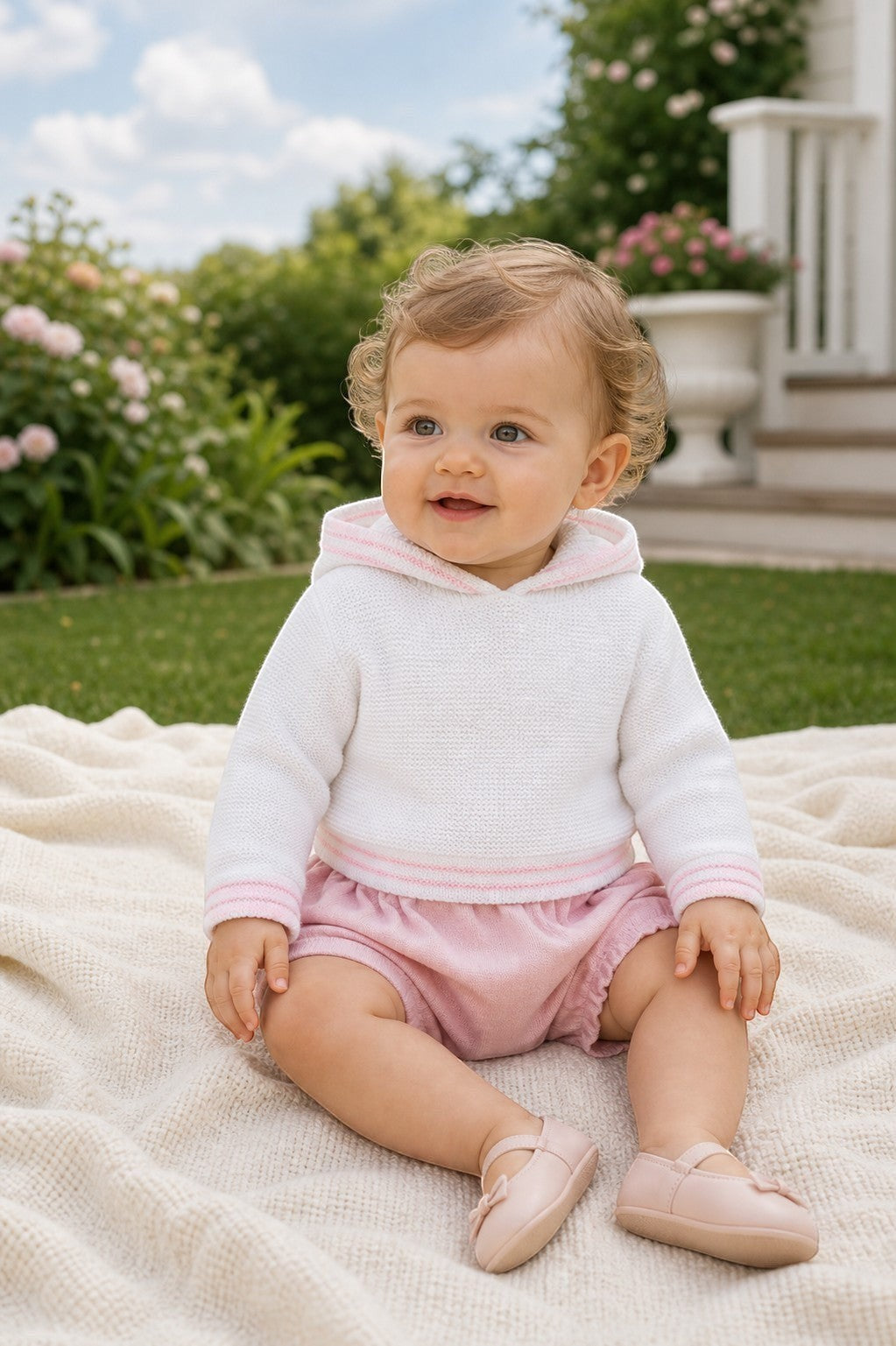 Carriage Boutique baby girl wearing a white hooded sweater with pink trim and matching pink bloomers on a blanket.