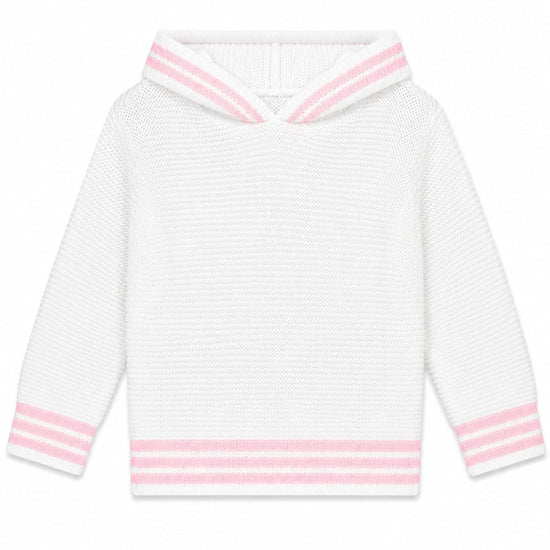 Carriage Boutique white knit baby sweater with pink striped hood and cuffs, featuring a zip-back design.