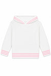 Carriage Boutique white knit baby sweater with pink striped hood and cuffs, featuring a zip-back design.