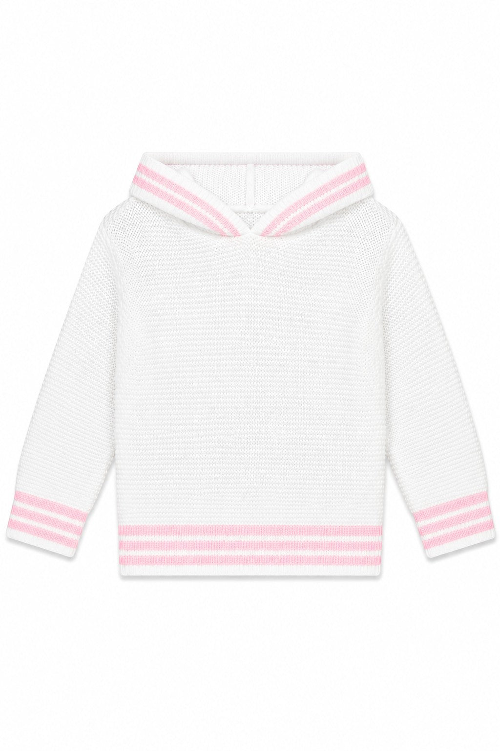 Carriage Boutique white knit baby sweater with pink striped hood and cuffs, featuring a zip-back design.