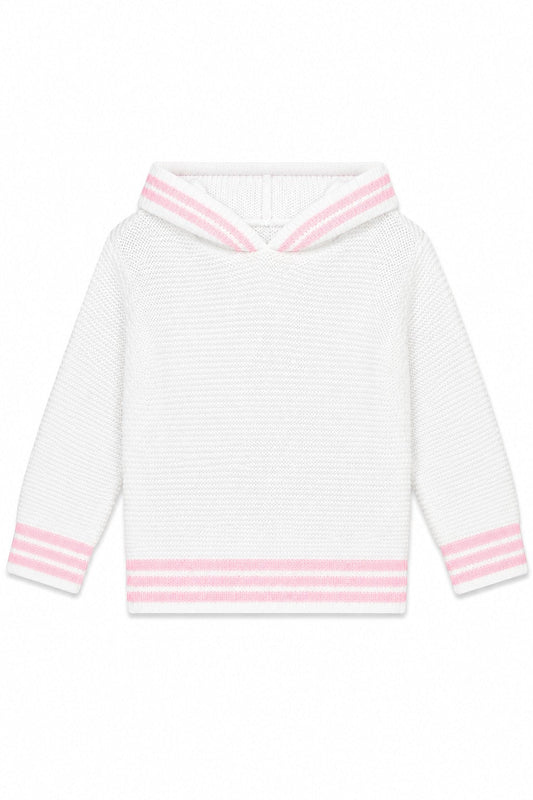 Carriage Boutique white knit baby sweater with pink striped hood and cuffs, featuring a zip-back design.